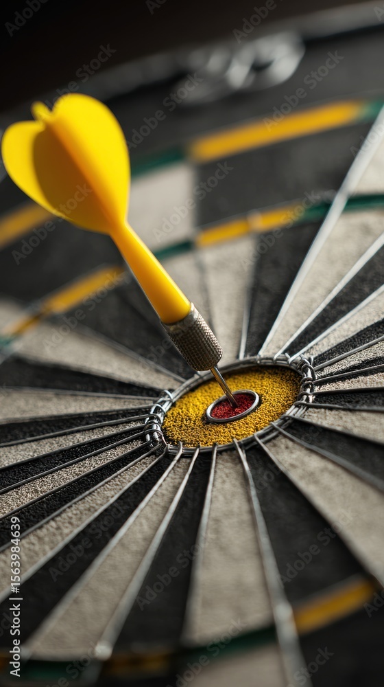 Poster close-up of a dart hitting the bullseye on a dartboard with sharp focus and vibrant colors