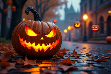 halloween Glowing Carved Pumpkin on Cobblestone Street with Autumn Leaves and Distant Buildings for a Festive and Seasonal Street Scene