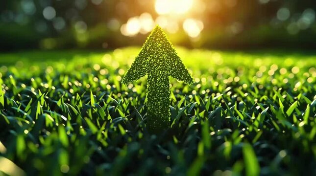 Green grass field with a large, symbolic arrow pointing upwards and forwards, representing sustainable development, eco-friendly growth, and motivational progress in environmental practices 65978181 7