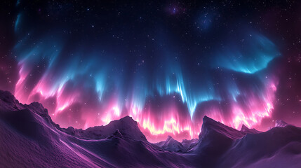 Spectacular northern lights display over snowy mountain peaks revealing cosmic aurora borealis sky phenomenon