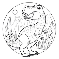 Cartoon dinosaur tyrannosaurus. Black and white line drawing. Isolated on white background. Composition in a circle. For children's design of coloring books, prints, posters, cards, stickers. Vector i