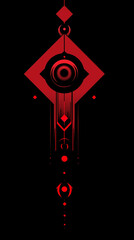 abstract geometric red and black design with eye symbol; black background 
