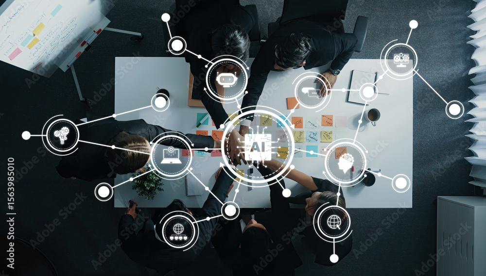 Poster a top-down view of a team meeting showcasing ai concepts with digital connections, emphasizing innov