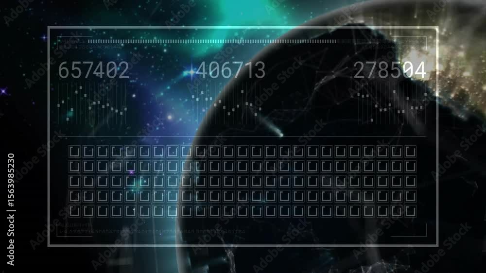 Poster hud fading over rotating earth globe, readouts updating, charts animating, representing global data