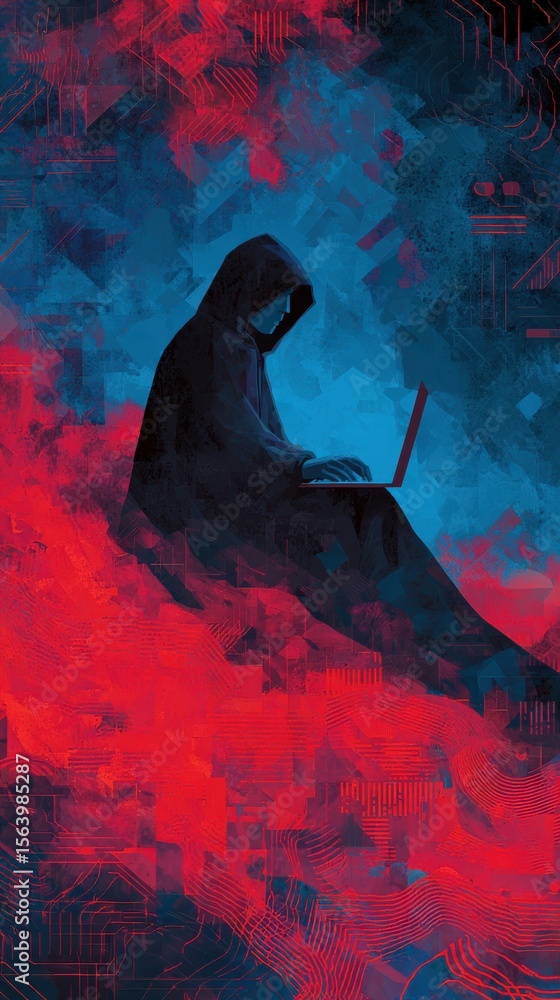 Poster mysterious figure in hoodie working on laptop surrounded by dynamic red and blue abstract background