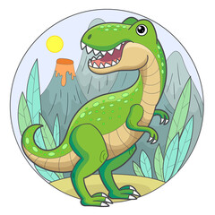Cartoon dinosaur on the background of the landscape. Composition in a circle. For children's design of prints, posters, postcards, stickers, puzzles, etc. Vector illustration