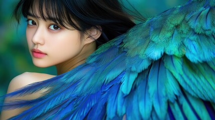 Striking portrait of a young woman against a vibrant display of blue and green feathers, blending the beauty of nature and humanity.