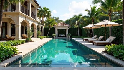 Tranquil Luxury Resort Pool Lush Landscape, Waterfall, and Elegant Stonework Oasis