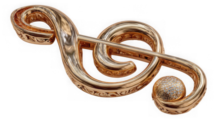 A golden treble clef with ornate details is isolated on transparent background, creating a luxurious and elegant musical symbol