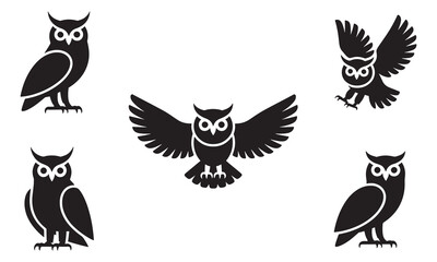Obraz premium Black Owl Silhouettes on White Background Vector Illustration
