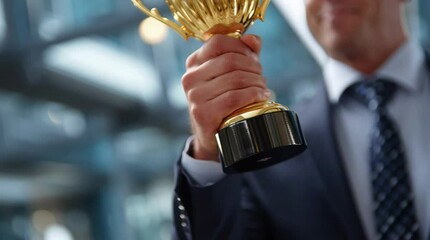A triumphant businessman in a suit holds a golden trophy aloft, symbolizing his success and recognition as a top-performing employee or entrepreneur in a corporate setting 81255740 1