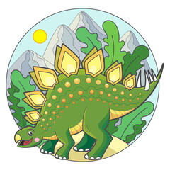 Cute dinosaur stegosaurus on the background of the landscape. Composition in a circle. Isolated on a white background. For children's design of prints, posters, postcards, stickers, etc. Vector