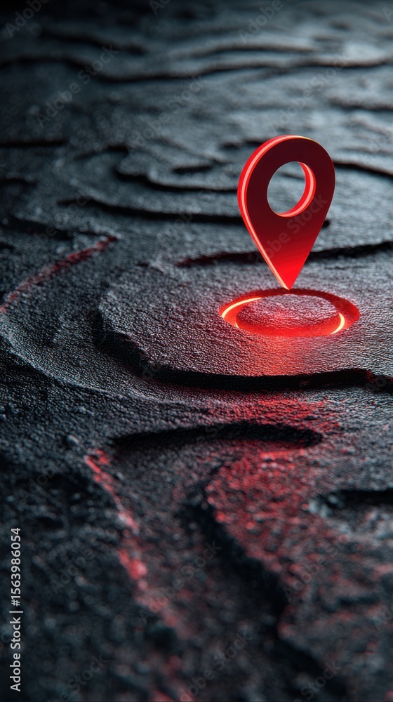 Poster red location marker over abstract dark terrain mapping background with textured surfaces and depths
