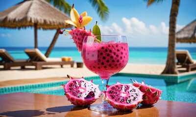 Refreshing dragon fruit cocktail with orchid garnish by the poolsid.