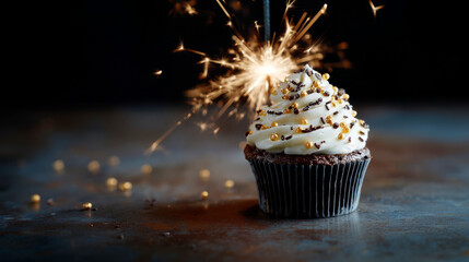 Cupcake with golden sprinkles and sparkler on dark background