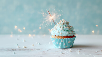 Light blue cupcake with sprinkles and sparkler. Happy birthday concept