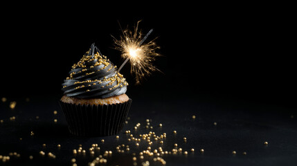 Cupcake with golden sprinkles and sparkler on dark background