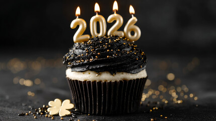 Chocolate cupcake with the number 2026 as golden candles. Happy new year concept