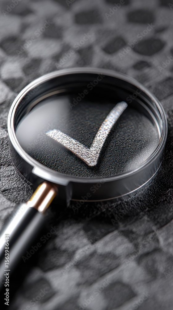Poster magnifying glass over checkmark on textured background for review and confirmation concept