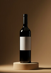 Elegant dark glass wine bottle with blank label on a pedestal