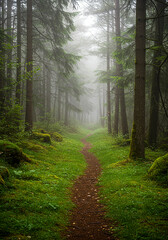 Obraz premium A winding dirt path leads through a lush green forest shrouded in atmospheric fog