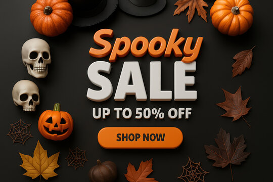 Halloween Spooky Sale Advertisement with Skulls Pumpkins and Autumn Leaves A Promotional Image for Seasonal Discounts and Offers