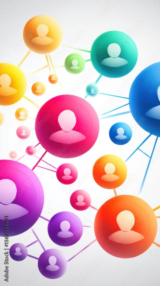 Poster colorful network of abstract user icons connecting in a social media concept for digital communicati