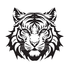 Fototapeta premium A striking black and white portrait of a tigers face with bold stripes, isolated on white background