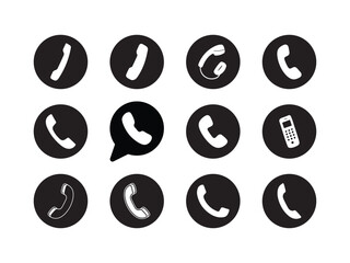 Telephone and phone icon symbols in black circles, communication vector icons, call and contact symbols, minimalist phone designs