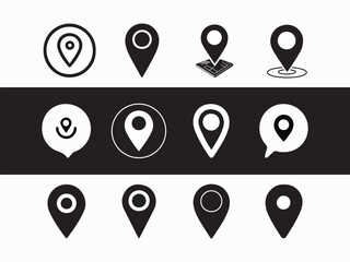 Black and white location pin icons set, map marker symbols, navigation pins, GPS vector collection, travel wayfinding design elements