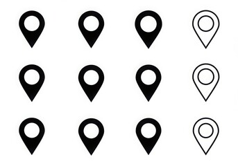 Collection of black and white location pointers on a clean white background