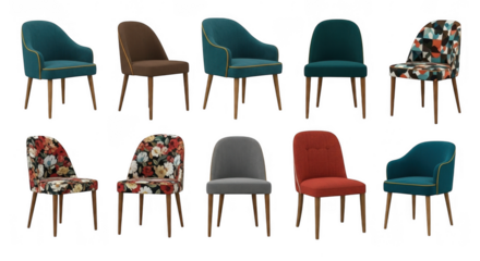 Stylish Collection of Modern Chairs in Various Colors and Patterns for Home Decor Featuring Unique Textures and Designs, isolated on a transparent background