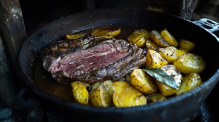 Rustic Roast Beef and Potatoes in Cast Iron Pan with Bay Leaf