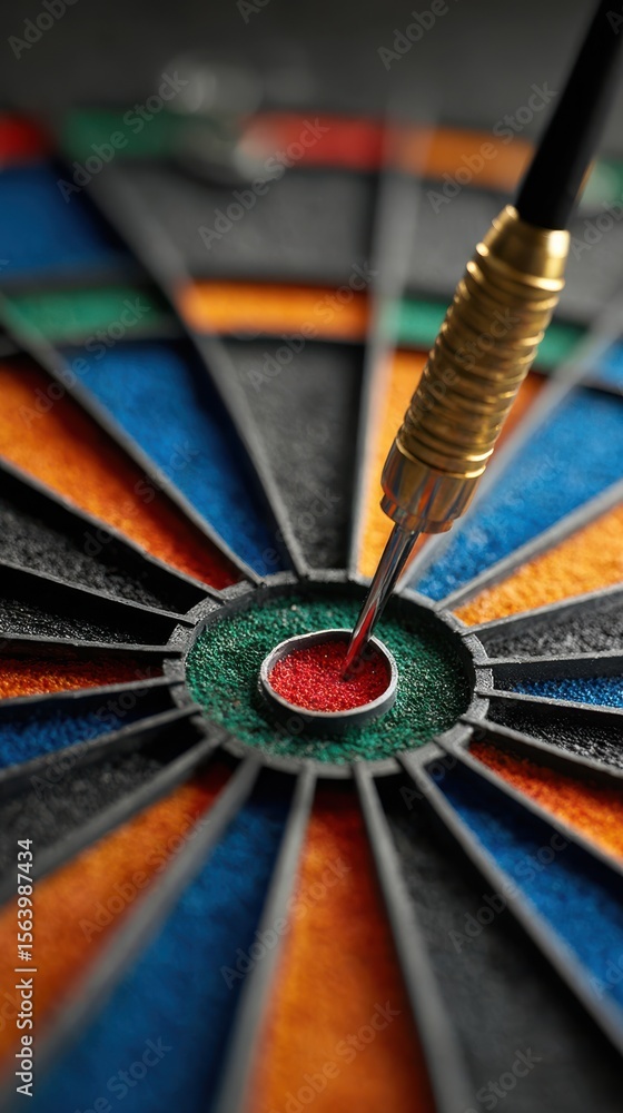 Poster close-up view of dart arrow hitting bullseye on colorful dartboard with vibrant patterns and texture