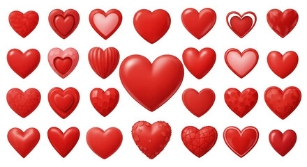 Collection of Red Hearts in Various Styles and Textures for Romantic Themes, isolated on a transparent background