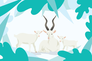 An idyllic scene featuring a serene adult goat with prominent black horns, standing between two adorable baby goats in green leaf backdrop 