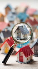 Magnifying Glass Focusing on Miniature House Among Colorful Toy Models in Soft Focus Background