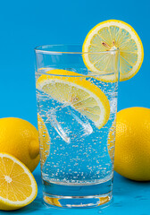 Refreshing glass of sparkling water with lemon slices and ice cubes