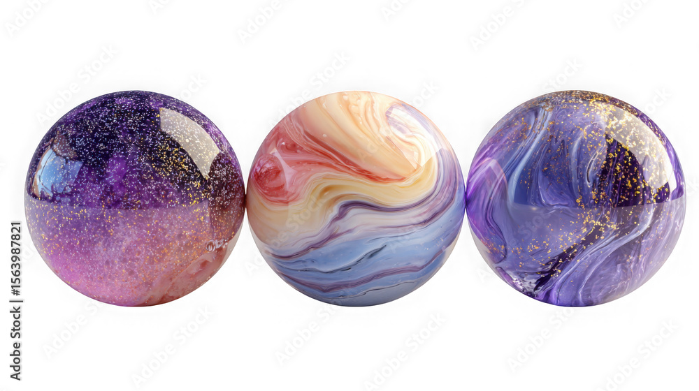 Poster three colorful marble spheres with swirling patterns and glitter isolated on transparent background,