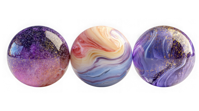 Three colorful marble spheres with swirling patterns and glitter isolated on transparent background, creating a glossy and decorative abstract design