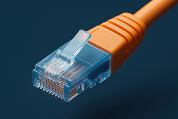 Macro Shot of an Orange Ethernet Cable Connector with Transparent Elements on a Dark Blue Background for Network Infrastructure