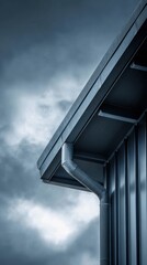 Architectural Detail of Modern Roof with Gutter Against Dramatic Cloudy Sky in Blue Tones