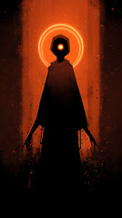 abstract, futuristic silhouette of alien / saint with aureole; brown, black & orange art; concept of sci-fi, wisdom, cosmic wisdom, energy