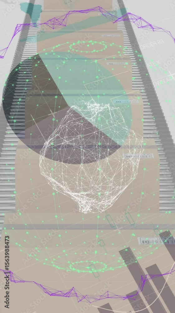 Poster animation of globe spinning over statistics processing and cardboard boxes on conveyor belt
