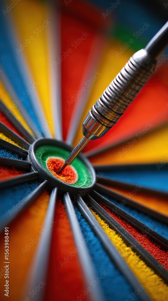 Poster close-up view of dart hitting the center of a colorful dartboard with vibrant colors and precision