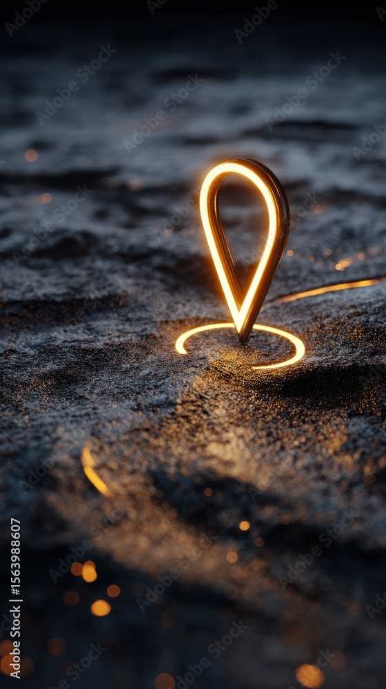 Poster illuminated geolocation marker on dark textured surface with glowing highlights and soft shadow effe