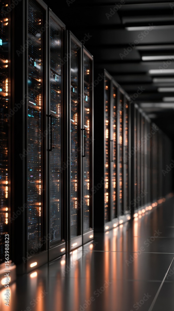 Poster modern data center corridor with illuminated server racks showcasing technology and network infrastr