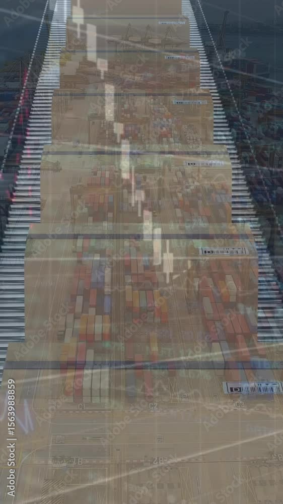 Poster animation of statistics data processing over cardboard boxes on conveyor belt and shipping port
