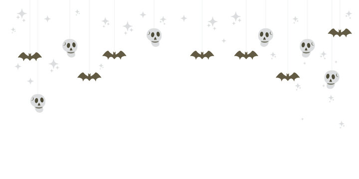 Halloween banner Hanging garland of bats and skulls on transparent background Spooky flat vector design with space for text, perfect for party invitations, flyers, or seasonal promotions. Copy space