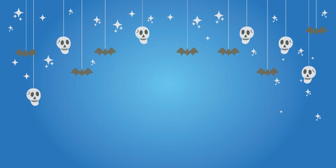 Halloween banner with hanging garland of bats and skulls on blue background. Spooky flat vector design with space for text, perfect for party invitations, flyers, or seasonal promotions. Copy space